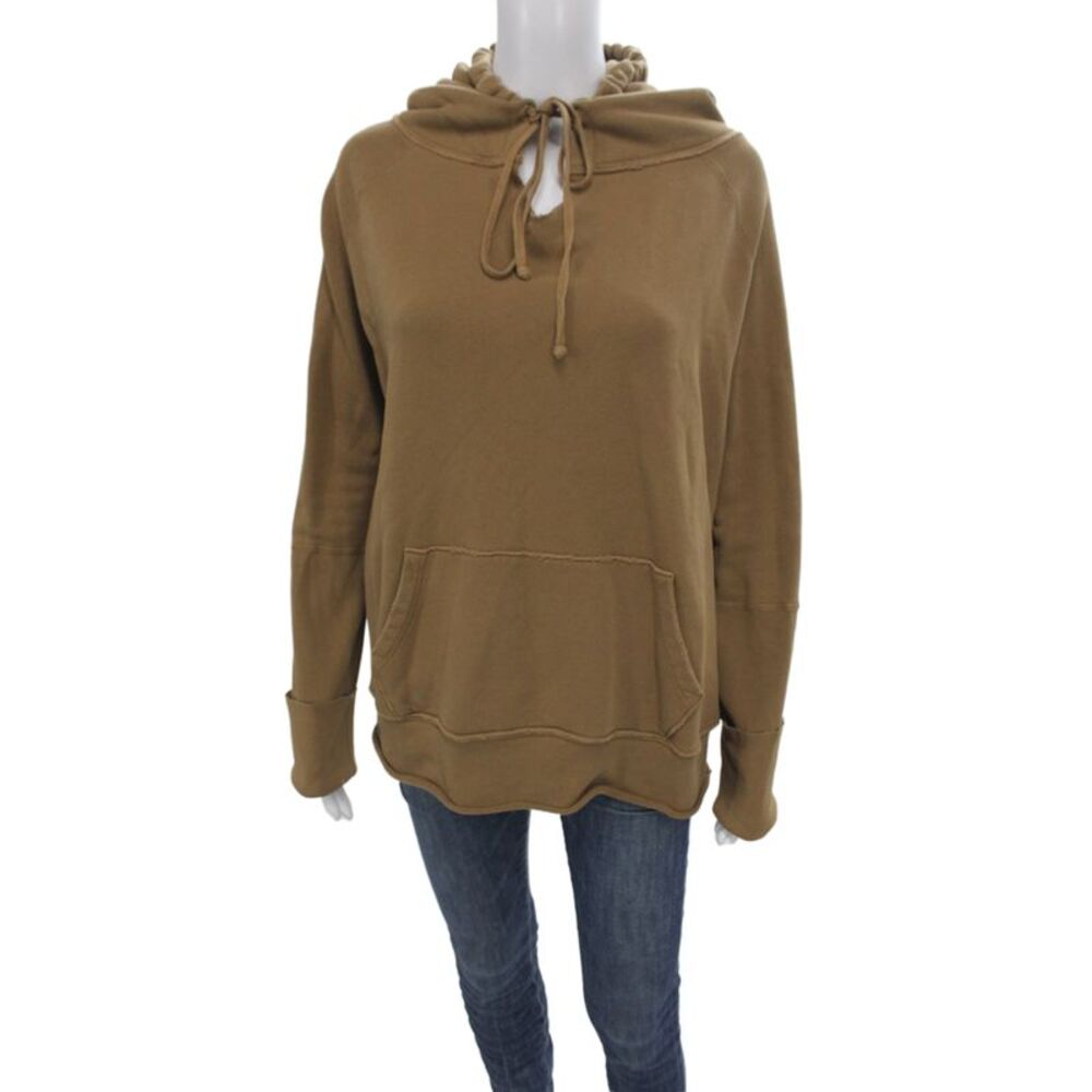 Nili Lotan Women Pullover Hoodie Tan 100% Cotton V-Neck Long Sleeve Size L